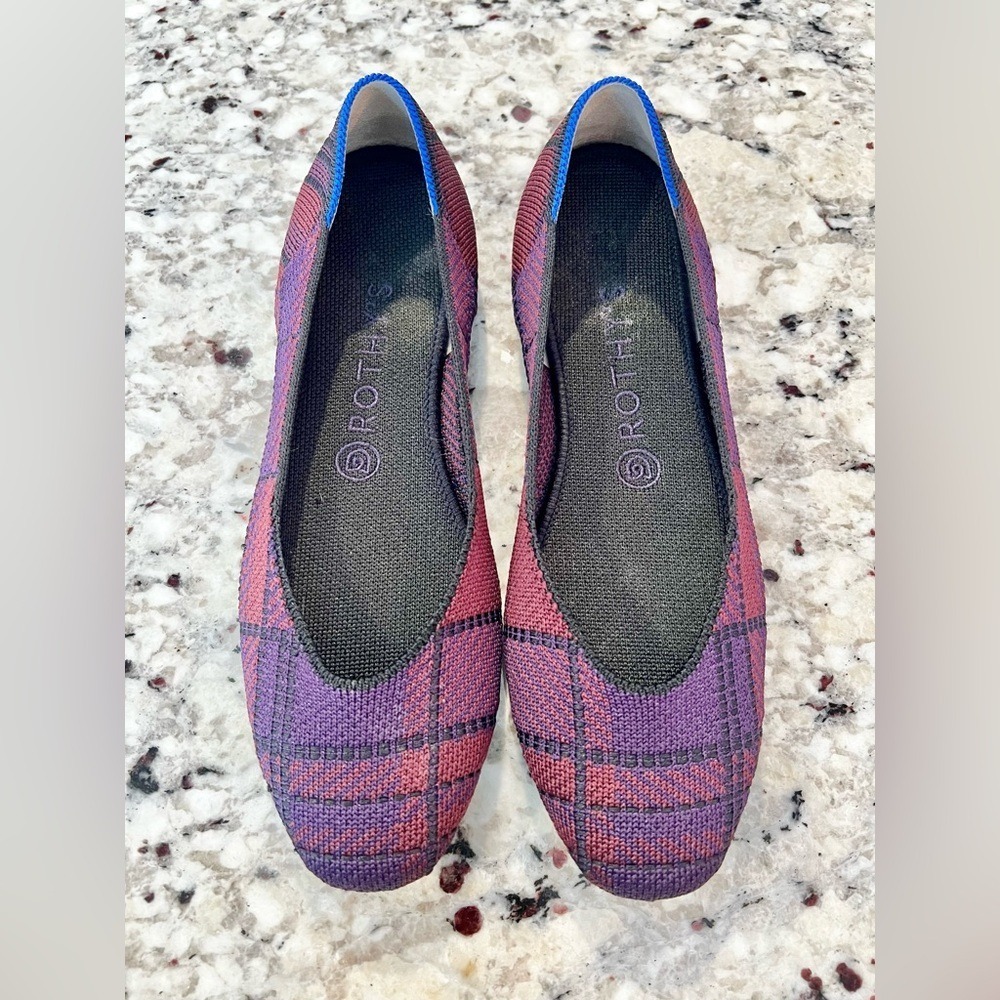 Rothy's The Square Flats‎ Women's 8.5 Cranberry Purple Plaid Washable Knit Shoes